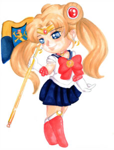 Sailor Moon mit Flagge der Stadt Pößneck (Zeichnung Lili Schmirgal)